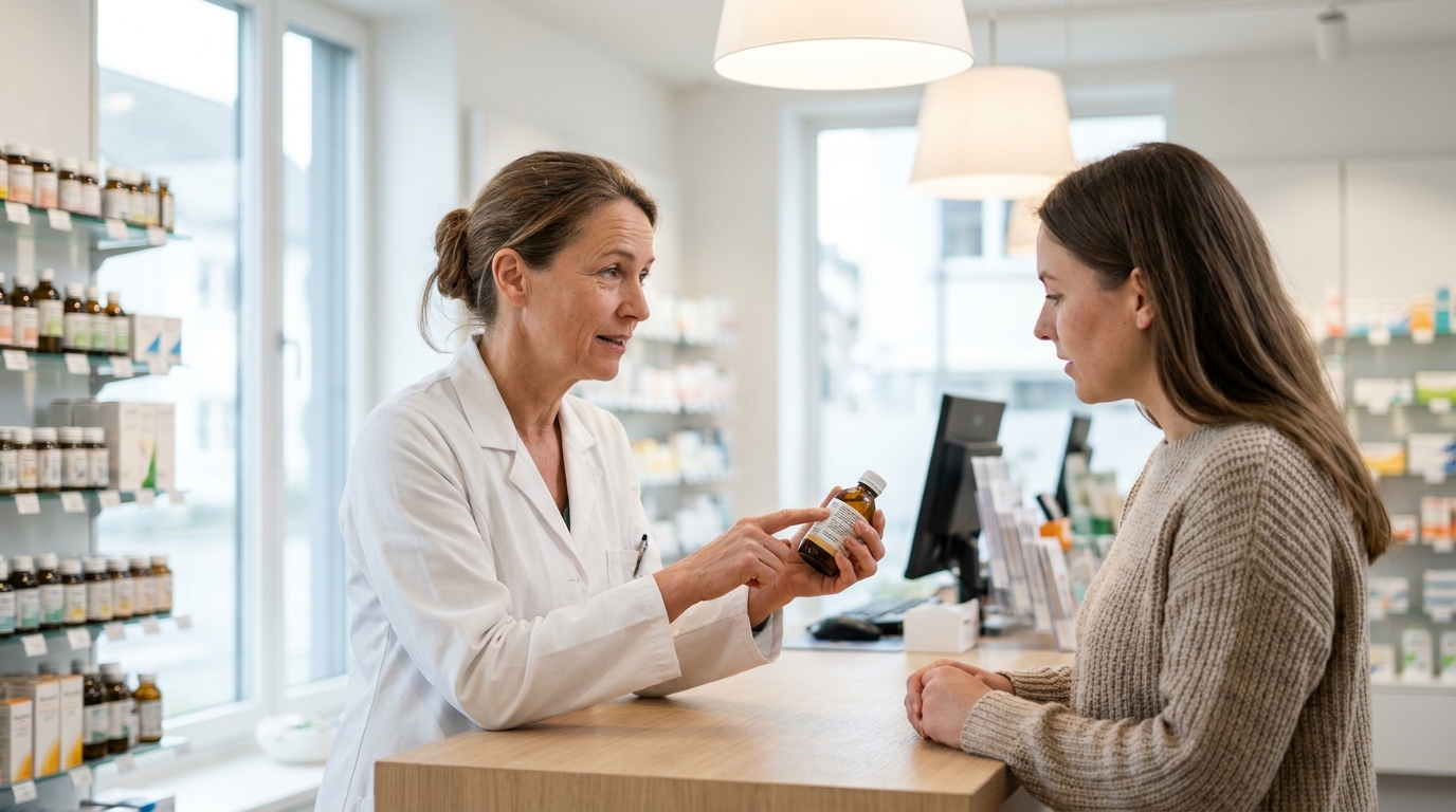 Pharmacienne conseillant une cliente sur un complément alimentaire derrière le comptoir d'une pharmacie