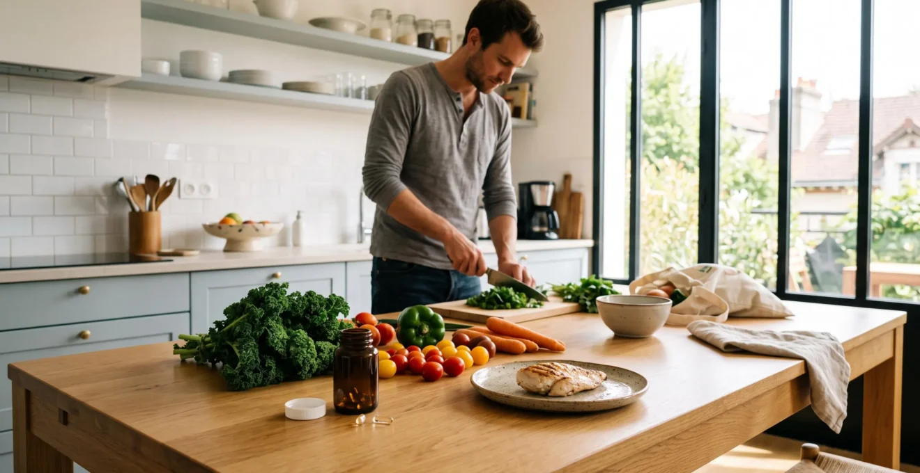Table de cuisine avec préparation de repas équilibré et compléments alimentaires en soutien