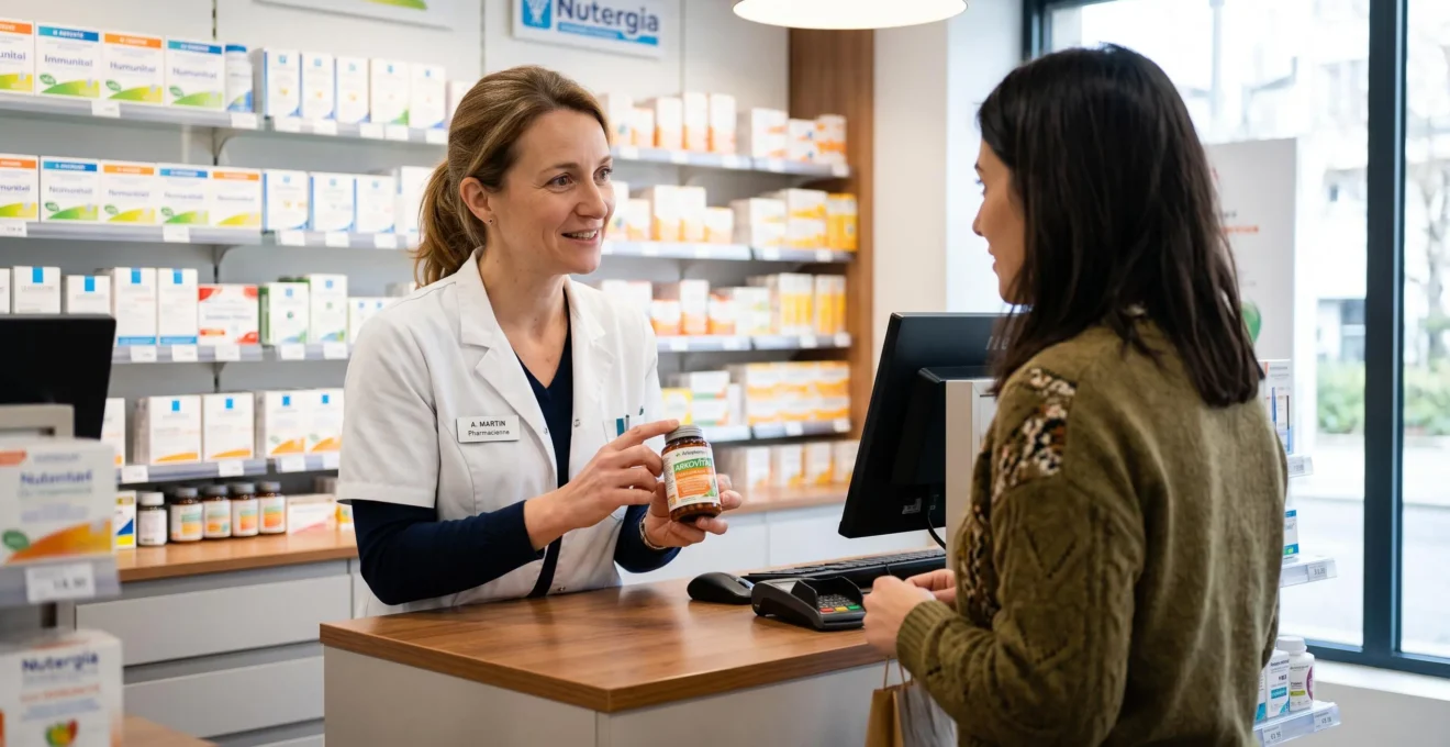 Pharmacienne conseillant une cliente sur un complément alimentaire derrière le comptoir d'une pharmacie