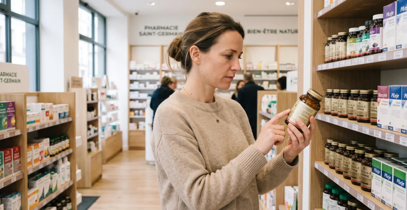 Femme examinant attentivement l'étiquette d'un complément alimentaire dans une pharmacie française