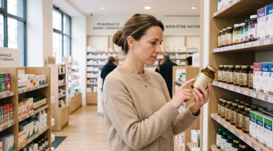 Femme examinant attentivement l'étiquette d'un complément alimentaire dans une pharmacie française